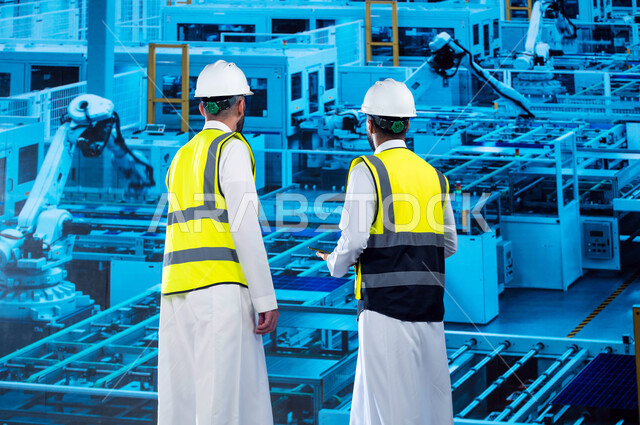 The use of artificial intelligence robots in factories, a back image of two Saudi Arabian Gulf engineers, reliance on automation, modern technical and technological development and transformation, efficiency in manufacturing and production and achieving t