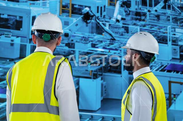 الكفاءة في التصنيع والإنتاج وتحقيق الثورة الصناعية، التطور والتحول التقني والتكنولوجي الحديث، إستخدام روبوتات الذكاء الاصطناعي في المصانع، صورة من الخلف لمهندسان عربيان خليجيان سعوديان، الاعتماد على التشغيل الآلي، رؤية مستقبليه 2030 