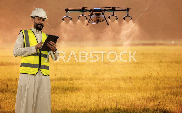 مهندس زراعي عربي سعودي خليجي يرتدي خوذة وسترة الحمايه يستخدم جهاز التابلت للتحكم بالطائره, آلات واجهزه متطوره, التكنولوجيا الحديثه و تطور التقنيه في الري وسقي المزروعات,  درون لسقي الاراضي الزراعيه في السعوديه,  زيادة انتاج وجودة المحاصيل الزراعيه.