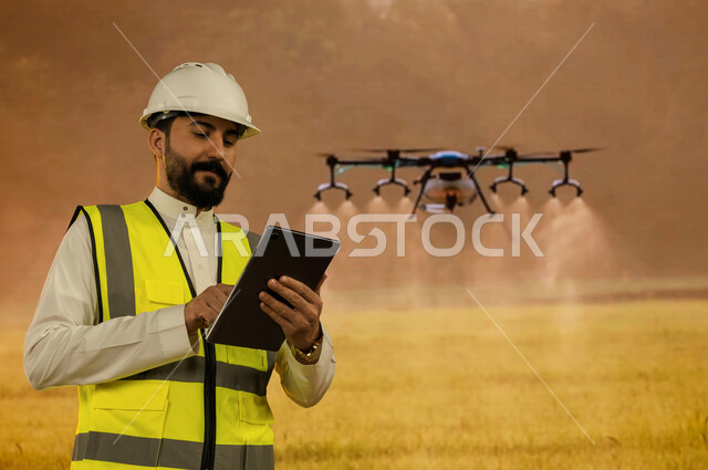 آلات واجهزه متطوره في ري وسقي المزروعات,  درون لسقي الاراضي الزراعيه في السعوديه, صورة مقربة لمهندس زراعي عربي سعودي خليجي يرتدي خوذة وسترة الحمايه يستخدم جهاز التابلت للتحكم بالطائره, زيادة انتاج وجودة المحاصيل الزراعية.