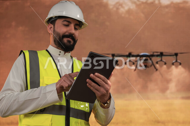 آلات واجهزه متطورة في ري وسقي المزروعات, درون لسقي الاراضي الزراعيه في السعوديه, صورة مقربة لمهندس زراعي عربي سعودي خليجي يرتدي خوذة وسترة الحمايه يستخدم جهاز التابلت للتحكم بالطائره, زيادة انتاج وجودة المحاصيل الزراعيه.