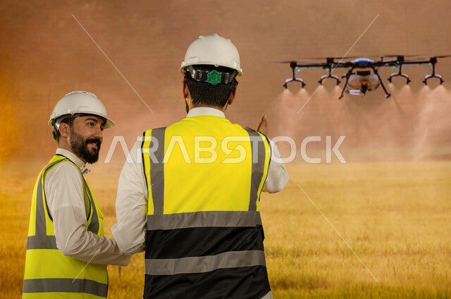 تطور التقنيه والتكنولوجيا الحديثه في الري وسقي المزروعات, درون لسقي الاراضي الزراعيه في السعوديه,     صورة من الخلف لمهندسان زراعيان عربيان سعوديان خليجيان يرتديان خوذة وسترة الحمايه,  زيادة انتاج وجودة المحاصيل الزراعيه, آلات واجهزه متطوره