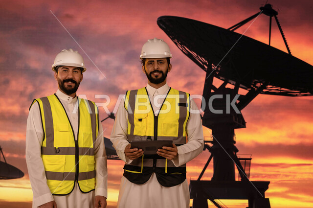 مهندسان عربيان خليجيان سعوديان يرتديان الخوذة وسترة الحماية الخاصة, إستخدم جهاز التابلت للإشراف على عمل الأقمار الصناعية، تتبع حركة الكواكب والنجوم عبر الستلايت، متابعة اتصال القمر الصناعي مع الفضاء الخارجي،  علم الفلك والفضاء، خلفية غروب الشمس. 