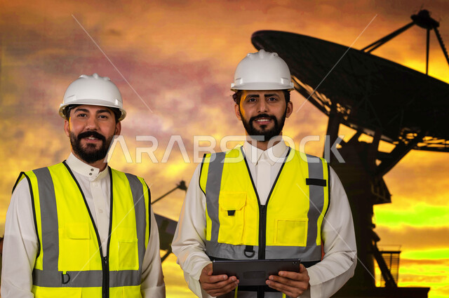 إستخدم جهاز التابلت للإشراف على عمل الأقمار الصناعية، تتبع حركة الكواكب والنجوم عبر الستلايت، متابعة اتصال القمر الصناعي مع الفضاء الخارجي، مهندسان عربيان خليجيان سعوديان يرتديان الخوذة وسترة الحماية الخاصة, علم الفلك والفضاء، خلفية غروب الشمس. 