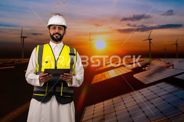  توفير وإنتاج الكهرباء من الشمس والرياح، الإشراف والتدقيق على الألواح الشمسية وتوربينات الطاقة الهوائية، مهندس عربي خليجي سعودي مبتسم يرتدي الخوذة وسترة الحماية الخاصة ينظر الى الكاميرا و يحمل جهاز التابلت، خلفية غروب الشمس.