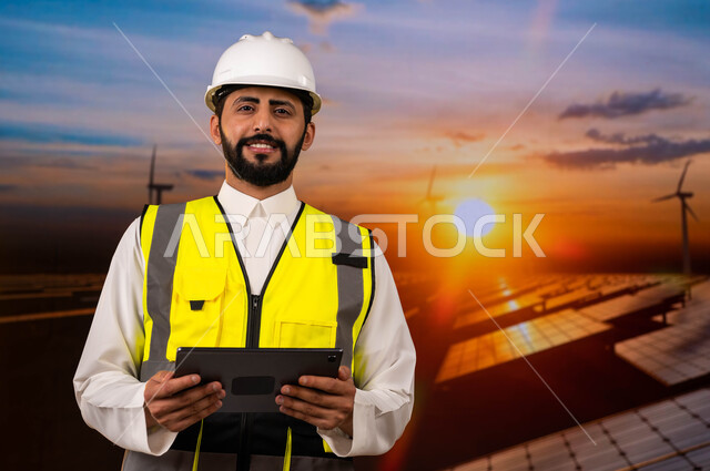  توفير وإنتاج الكهرباء من الشمس والرياح، الإشراف على الألواح الشمسية وتوربينات الطاقة الهوائية، مهندس عربي خليجي سعودي مبتسم يرتدي الخوذة وسترة الحماية الخاصة ينظر الى الكاميرا ويحمل جهاز التابلت، خلفية غروب الشمس.