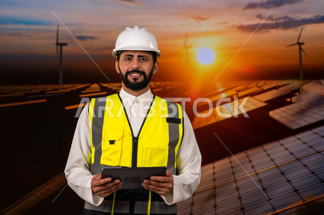 الإشراف على الألواح الشمسية وتوربينات الطاقة الهوائية، توفير وإنتاج الكهرباء من الشمس والرياح، مهندس عربي خليجي سعودي مبتسم يرتدي الخوذة وسترة الحماية الخاصة ينظر الى الكاميرا ويحمل جهاز التابلت، خلفية غروب الشمس.