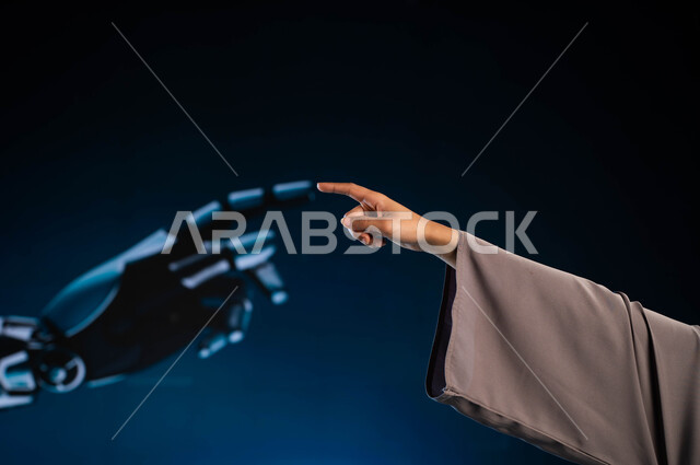 Digital transformation and technical progress, Saudi future vision technology 2030, advanced modern robot, close-up portrait of a woman's hand touching the hand of an advanced smart robot, programming and updating artificial intelligence technology, blue 