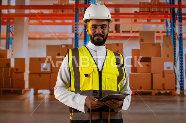أمين مخازن عربي سعودي خليجي يحمل بيده جهاز التابلت ينظر إلى الكاميرا، التأكد من وجود وتوفر البضاعة، مدير ترتيب وتنظيم المستودعات المحلية، بضائع ومنتجات عربية سعودية خليجية، خلفية صناديق وكراتين مغلفة.