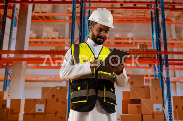 Manager of arranging and organizing local warehouses, Arab Saudi Gulf goods and products, Arab Saudi Gulf storekeeper using a tablet to ensure the presence and availability of goods, the background of boxes and wrapped cartons.