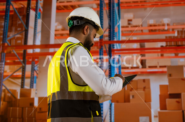 بضائع ومنتجات عربية سعودية خليجية، تصوير من الخلف لأمين مخازن عربي سعودي خليجي يحمل بيده جهاز التابلت للتأكد من وجود وتوفر البضاعة، مدير ترتيب وتنظيم المستودعات المحلية، خلفية صناديق وكراتين مغلفة.