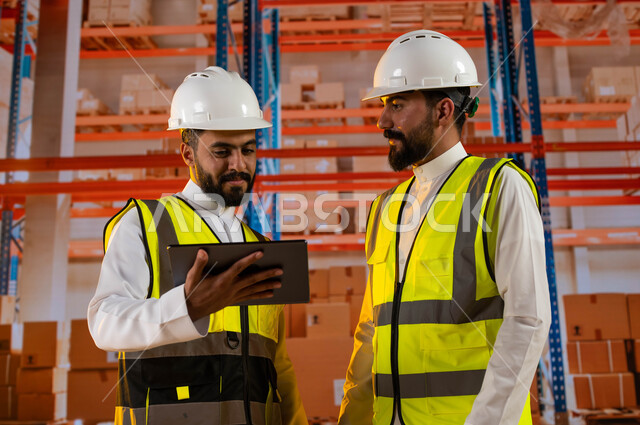 منتجات عربية سعودية خليجية, مدير ترتيب وتنظيم المستودعات المحلية ومهندس عربي سعودي خليجي يستخدمان جهاز التابلت لتسجيل الحسابات وجرد البضائع في المستودع، خلفية صناديق وكراتين مغلفة.