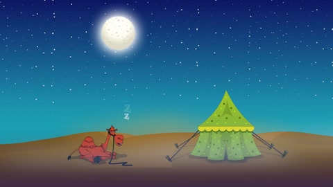 Animation of a camel sleeping in the dessert