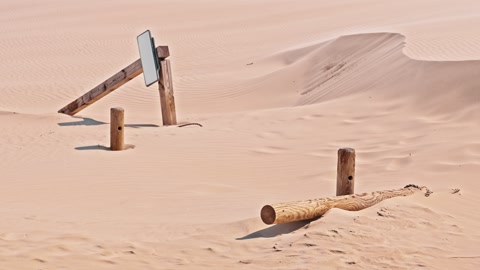 Wooden Signpost Poles and Beams at Abandoned Village Buried under Sand of Desert