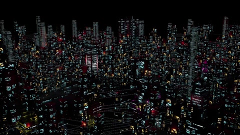 Panorama of a modern city. Lights of skyscrapers in the night.