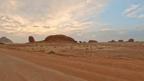 منظر من قيادة السيارة في منطقة الحجر الأثرية، صحراء مسطحة مع القليل من الأشجار الصغيرة.