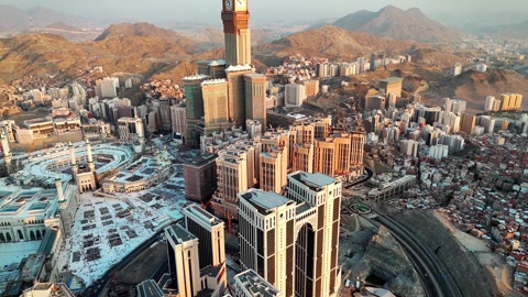 Aerial view Mecca Ramadan, Makkah city, Clock Tower Masjid Al Haram Al Kaaba 4k