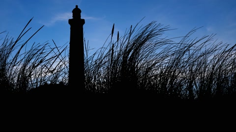 صورة ظلية للمنارة والعشب في المناظر الطبيعية