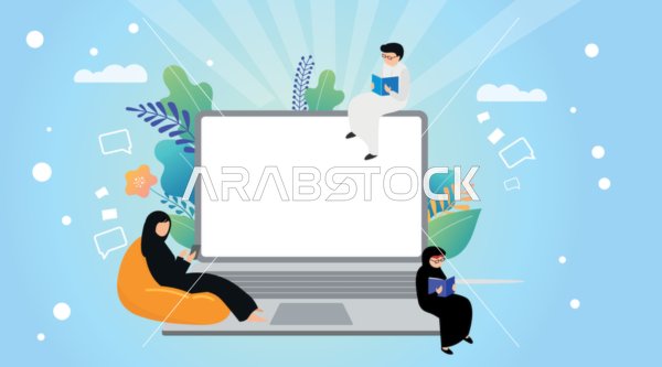 فيكتور توضيحي لشخصية خطية ، شاب خليجي يقوم بالتعلم عبر منصات تعليمية عبر الانترنت من خلال الهاتف المحمول ، مفهوم التعلم الالكتروني  عبر الانترنت ،  فيكتور اليستريتور