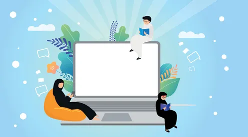فيكتور توضيحي لشخصية خطية ، شاب خليجي يقوم بالتعلم عبر منصات تعليمية عبر الانترنت من خلال الهاتف المحمول ، مفهوم التعلم الالكتروني  عبر الانترنت ،  فيكتور اليستريتور