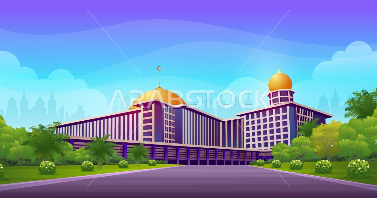 فيكتور مشهد بانورامي لمسجد كبير إسلامي ، مسجد وحديقة خضراء ومباني ناطحة ...