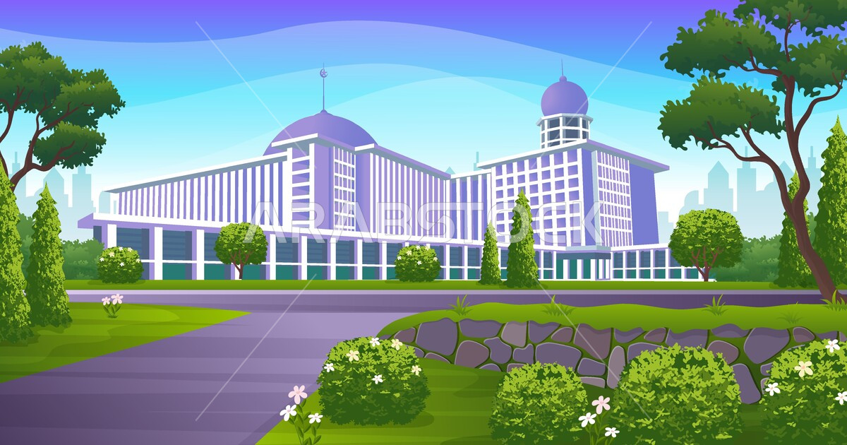 فيكتور مشهد بانورامي لمسجد كبير إسلامي ، مسجد وحديقة خضراء ومباني ...