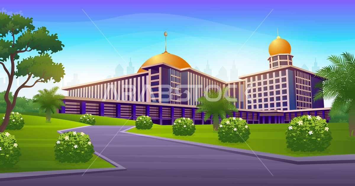 فيكتور مشهد بانورامي لمسجد كبير إسلامي ، مسجد وحديقة خضراء ومباني ...