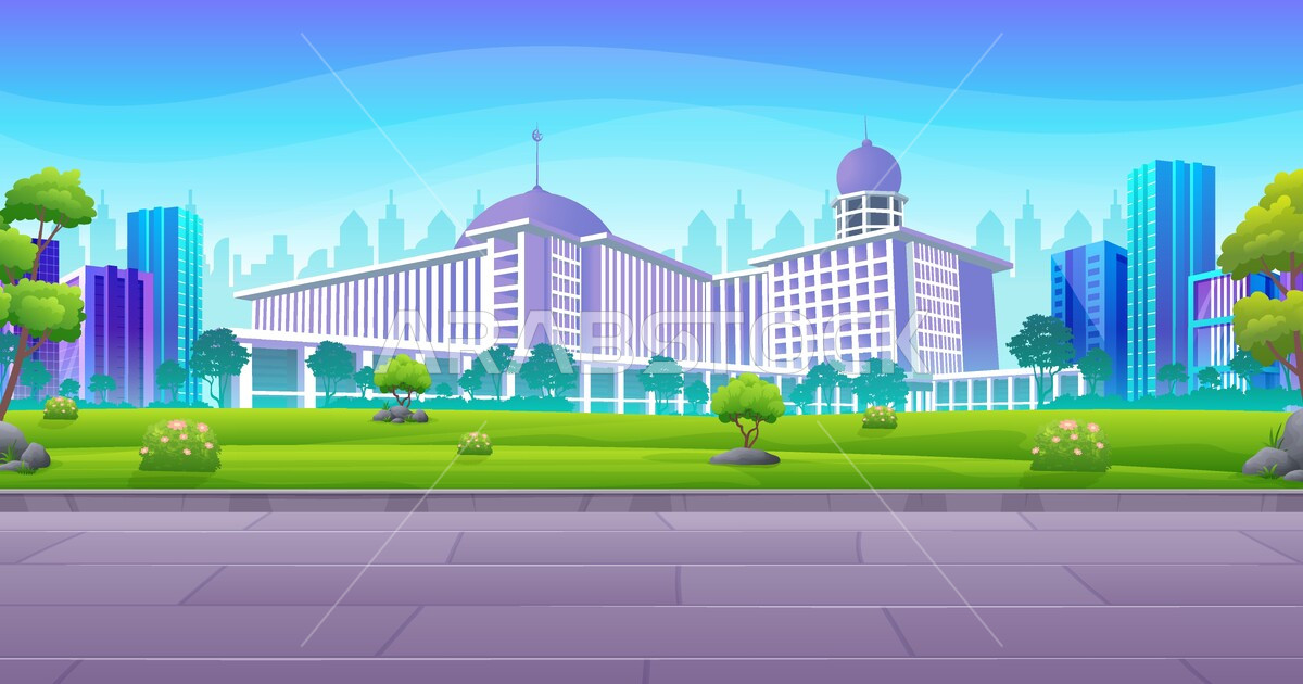 فيكتور مشهد بانورامي لمسجد كبير إسلامي ، مسجد وحديقة خضراء ومباني ...