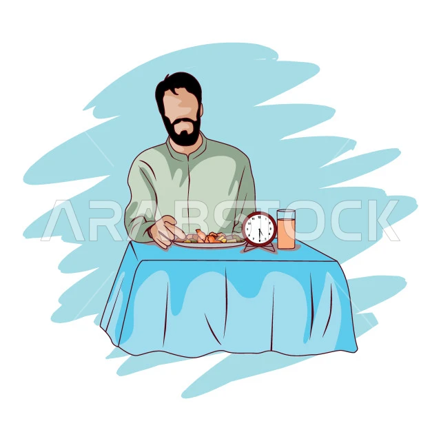 Vector illustration Muslim man sitting at the dining table waiting for iftar date, isolated white background Vector Illustrator.