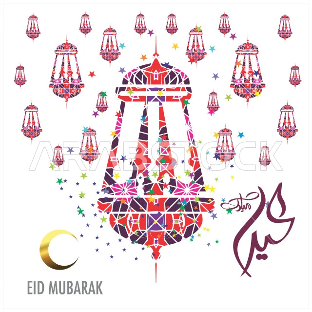 Holiday greeting card and design templates, Eid Mubarak calligraphy with lanterns and crescent moon, Islamic religious occasions greetings and congratulations, Arabic and English phrases and texts, white background, Illustrator vector