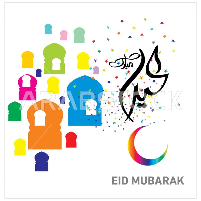 Congratulations and greetings on Islamic religious occasions, templates and design cards for greeting holidays, phrases and texts in Arabic and English, Eid Mubarak manuscript with stars, crescent and decorations, white background, vector illustrator
