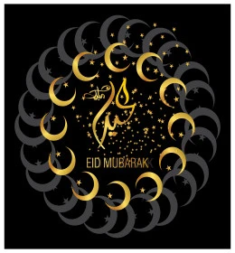 Texts and phrases in Arabic and English, congratulations and greetings on Islamic religious occasions, templates and design cards for greeting holidays, Eid Mubarak manuscript with crescent and stars, black background, vector illustrator