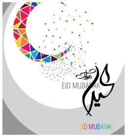 Eid Mubarak manuscript with crescent and stars, phrases and texts in Arabic and English, congratulations and greetings on Islamic religious occasions, templates and design cards for greeting holidays, white background, vector illustrator