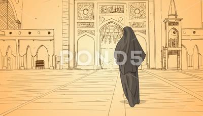 Arab Woman Coming To Mosque Building Muslim Religion Ramadan Kareem Holy Month