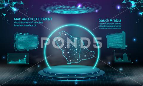 خريطة المملكة العربية السعودية تأثير الضوء على الخلفية. تقنية رقمية مجردة.