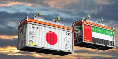 Shipping containers with flags of Japan and United Arab Emirates - 3D illus..