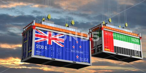 Shipping containers with flags of New Zealand and United Arab Emirates - 3D..