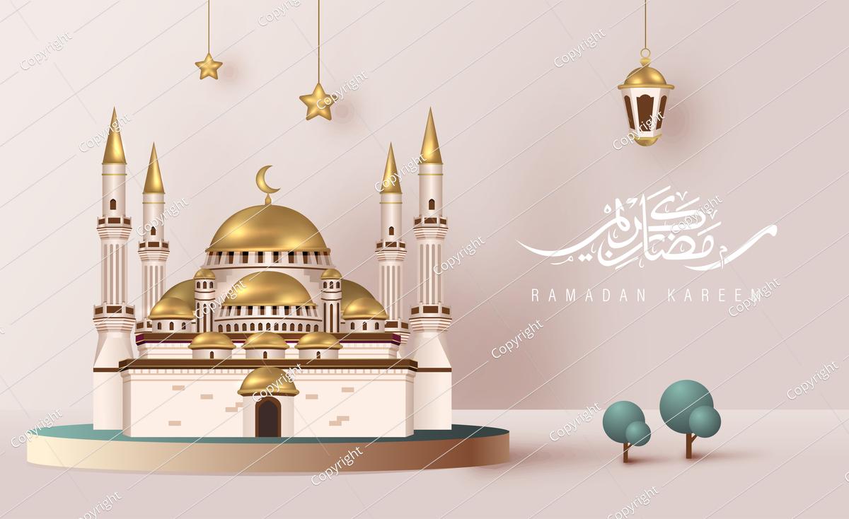 تصميم رمضان كريم مع مسجد واقعي ثلاثي الأبعاد