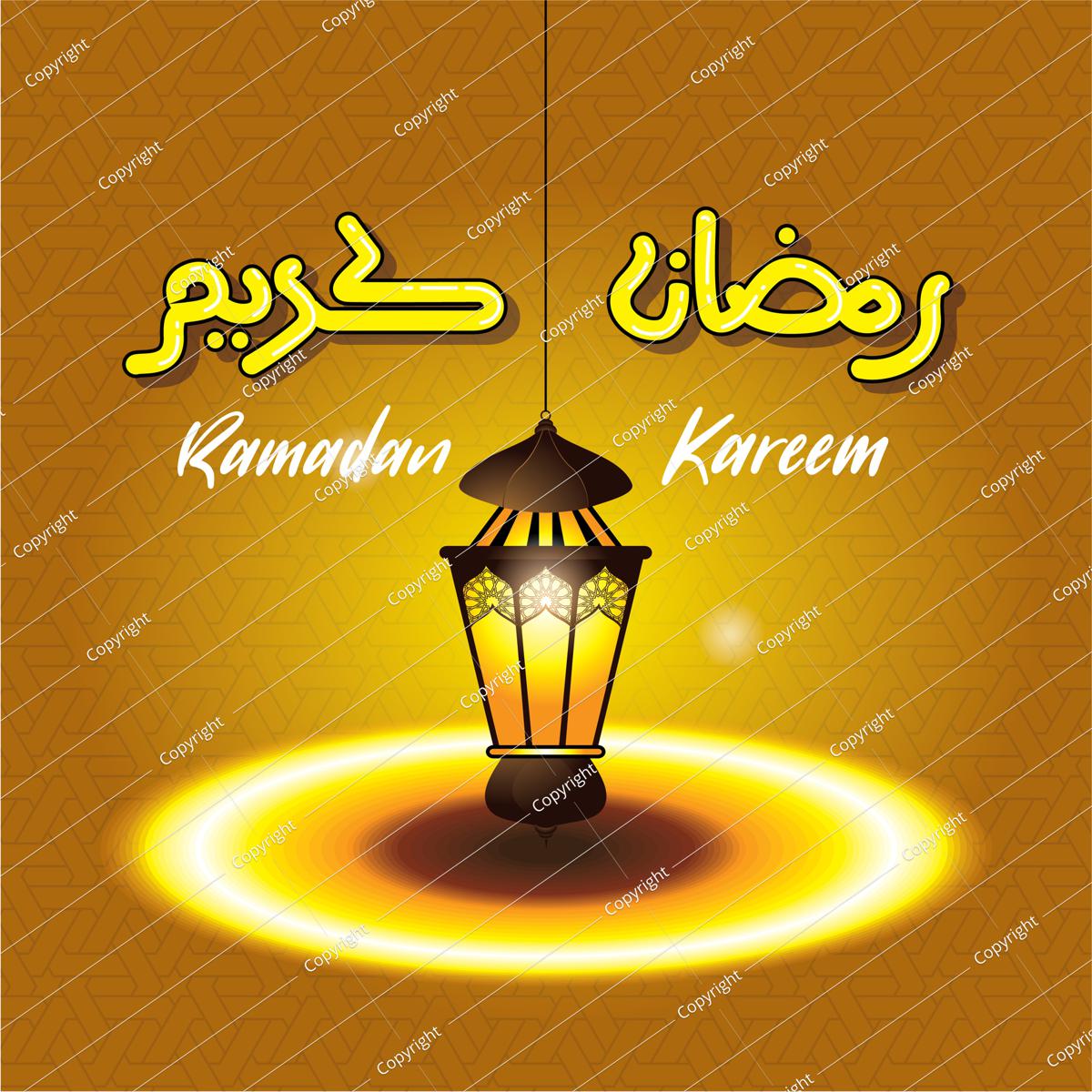 Ramadan greetings with calligraphy and lanterns