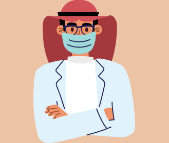 Vector cartoon characters, a Saudi Arabian Gulf doctor wearing a traditional Saudi dress, a medical coat and a stethoscope, following the prevention and safety measures from the Corona virus by wearing a mask, the concept of medicine and health care, Vect