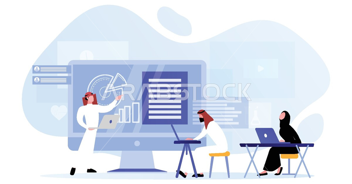 Teacher Using Technology Graphics Vector for a Saudi Arabian Gulf teacher explaining to his students ...