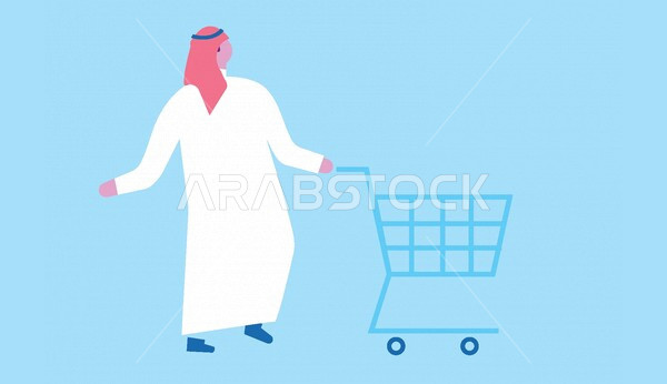 Vector cartoon character, a young Arab Gulf man doing shopping, pushing a shopping cart in the mall, shopping for household needs, Vector Illustrator.