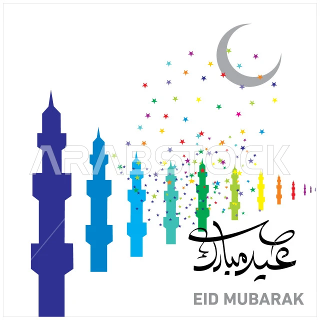 عيد مبارك، مخطوطة باللون الاسود مع نجوم وهلال ومآذن، عبارات و نصوص باللغة العربية والانكليزية، بطاقات و قوالب تصميم للتهنئة بالأعياد، التهاني و التبريكات بالمناسبات الدينية الإسلامية، خلفية بيضاء، فيكتور اليستريتور