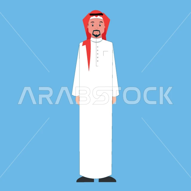 مفهوم الرجولة والثقة بالنفس, رجل عربي خليجي سعودي يرتدي الشماغ و الثوب التقليدي يقف باستقامة ينظر إلى الكاميرا بإيماءات السرور والسعادة, صورة الجسم بالطول الكامل، خلفية زرقاء، فيكتور اليستريتور