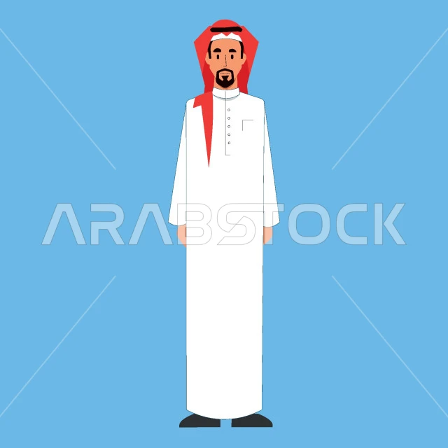 Standing straight and looking at the camera with gestures of pleasure and happiness, Saudi Arabian Gulf man wearing traditional shemagh and thobe, concept of masculinity and self-confidence, full body portrait, blue background, vector illustrator