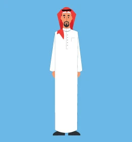 Looking at camera with gestures of pleasure and happiness, Saudi Arabian Gulf man wearing traditional keffiyeh and thobe and standing straight, concept of masculinity and self-confidence, full body portrait, blue background, vector illustrator