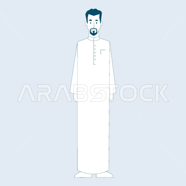 مفهوم الرجولة والثقة بالنفس, النظر إلى الكاميرا بإيماءات السرور والسعادة, رجل عربي خليجي سعودي يرتدي الثوب التقليدي ويقف باستقامة، صورة الجسم بالطول الكامل، خلفية رمادية، فيكتور اليستريتور