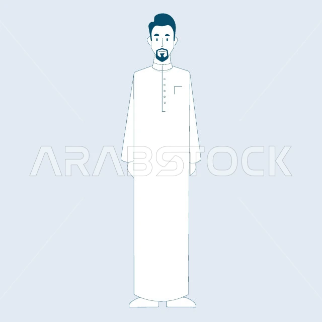 الرجولة والثقة بالنفس, النظر إلى الكاميرا بإيماءات السرور والسعادة, رجل عربي خليجي سعودي يرتدي الثوب التقليدي ويقف باستقامة، صورة الجسم بالطول الكامل، خلفية رمادية، فيكتور اليستريتور