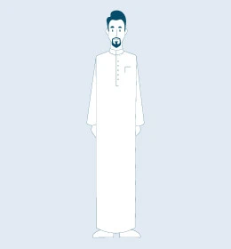 Masculinity and self-confidence, looking at camera with gestures of pleasure and happiness, Saudi Arabian Gulf man wearing traditional thobe and standing straight, full body portrait, gray background, vector illustrator