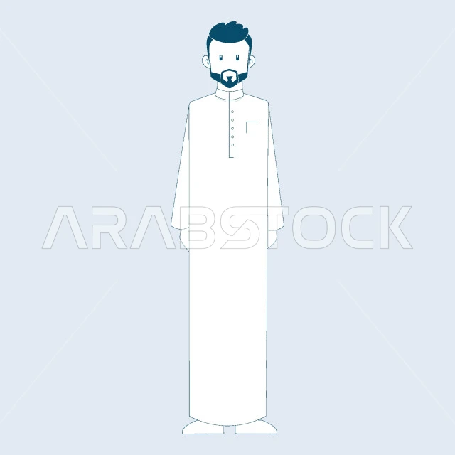 Self-confidence and masculinity, looking at camera with gestures of pleasure and happiness, Saudi Arabian Gulf man wearing traditional thobe and standing straight, full body portrait, gray background, vector illustrator